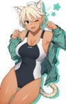  1girl animal_ears black_swimsuit blonde_hair breasts brown_eyes cat_ears cat_tail cleavage collarbone competition_swimsuit cowboy_shot dark_skin fang green_jacket jacket kr_ohoshisama looking_at_viewer medium_breasts one-piece_swimsuit one_eye_closed original shadow short_hair simple_background skin_fang smile solo star_(symbol) swimsuit tail thigh_gap white_background 