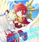  1girl 2018 ahoge bangs blue_sky bow_(weapon) brown_eyes capelet closed_mouth cloud dated day detached_sleeves eyebrows_visible_through_hair fire_emblem fire_emblem_fates garter_straps gloves hair_between_eyes happy_birthday hinoka_(fire_emblem) hiyori_(rindou66) holding holding_bow_(weapon) holding_weapon long_sleeves looking_at_viewer miniskirt outdoors pegasus pegasus_knight red_capelet red_gloves red_hair red_legwear red_skirt riding shiny shiny_hair short_hair skirt sky smile solo thighhighs weapon white_sleeves 