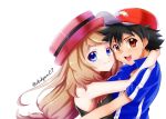  1boy 1girl ashujou bangs baseball_cap black_hair black_shirt blue_eyes blue_jacket brown_eyes brown_hair couple eyebrows_visible_through_hair hair_between_eyes hat hug jacket long_hair looking_at_viewer low-tied_long_hair pokemon pokemon_(anime) pokemon_xy_(anime) print_headwear red_headwear satoshi_(pokemon) serena_(pokemon) shiny shiny_hair shirt short_sleeves simple_background sleeveless sleeveless_shirt swept_bangs twitter_username upper_body very_long_hair white_background 