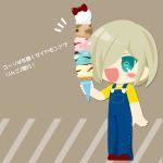  1boy :d blonde_hair blush_stickers bow food green_eyes hair_over_one_eye highres ice_cream ice_cream_cone kaorin_minogue male_focus open_mouth overalls shirt smile star-shaped_pupils star_(symbol) symbol-shaped_pupils t-shirt too_many too_many_scoops translation_request yuri!!!_on_ice yuri_plisetsky 