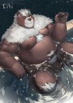  2020 anthro armpit_hair body_hair brown_body brown_fur cai1448331577 flaccid fur genitals hi_res humanoid_hands kemono kimun_kamui_(tas) male mammal moobs night nipples one_eye_closed outside overweight overweight_anthro overweight_male penis sitting solo tokyo_afterschool_summoners ursid video_games water wink 