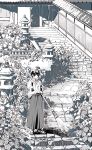  1girl broom crack greyscale highres holding holding_broom japanese_clothes kimono miko monochrome original outdoors plant scenery short_hair shrine solo stairs standing tobacco_(tabakokobata) 