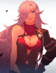  1girl asymmetrical_clothes breasts cinderella_(sinoalice) cleavage dark_skin gloves hair_over_one_eye hand_on_hip jacket_over_shoulder koyorin leotard long_hair looking_at_viewer medium_breasts navel navel_cutout pink_hair purple_eyes simple_background sinoalice smile solo upper_body white_background 