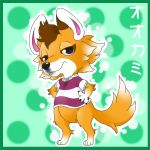  1:1 animal_crossing anthro arm_tuft black_eyes bordered_background brown_hair bubble canid canine canis chief_(animal_crossing) circles clothing elbow_tufts frown fur gigiolliwilli green_background hair head_tuft inner_ear_fluff japanese_text male mammal nintendo orange_body orange_fur pattern_clothing shirt simple_background solo striped_clothing stripes text topwear tuft video_games white_ears wolf 