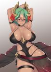  1girl arms_up aster_crowley breasts choker closed_mouth dark_skin fire_emblem fire_emblem_heroes flower gradient gradient_background green_hair hair_flower hair_ornament highres horns laegjarn_(fire_emblem) large_breasts multicolored_hair orange_hair red_eyes sarong short_hair simple_background smile solo swimsuit 