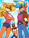  activision anthro bandicoot blonde_hair clothing crash_bandicoot crash_bandicoot_(series) crate eye_contact female hair hi_res looking_at_another male mammal marsupial mohawk_(hairstyle) smile tawna_bandicoot thewill unknown_character video_games 