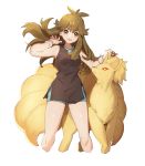  1girl :d ankea_(a-ramo-do) black_dress blue_(pokemon) blue_shorts brown_eyes brown_hair cropped_legs dress floating_hair gen_1_pokemon highres holding holding_poke_ball long_hair looking_at_viewer ninetales open_mouth poke_ball pokemon pokemon_(creature) pokemon_(game) pokemon_frlg red_eyes short_dress short_shorts shorts simple_background sleeveless sleeveless_dress smile solo standing very_long_hair white_background 