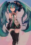  1girl absurdres aqua_hair aqua_neckwear arm_up bangs black_legwear black_skirt blue_eyes closed_mouth detached_sleeves grey_shirt hair_between_eyes hair_ornament hatsune_miku highres kaamin_(mariarose753) long_hair necktie shirt simple_background skirt solo thighhighs twintails vocaloid 