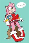  2019 amy_rose anthro anthro_on_anthro boots clothed clothing dress duo erection eulipotyphlan faceless_male female footwear genitals green_eyes grin hair hedgehog joshin knuckles_the_echidna larger_female male male/female mammal mask meme mistaken_identity penis pink_hair red_clothing red_dress size_difference smaller_male smile sonic_the_hedgehog_(series) standing ugandan_knuckles 