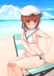  1girl absurdres anchor bangs beach bikini blue_sky blunt_bangs brown_eyes brown_hair chair clothes_writing cloud day feet_out_of_frame folding_chair hat highres kantai_collection outdoors sailor_bikini sailor_collar sailor_hat shochiku short_hair side-tie_bikini sitting sky solo swimsuit tying white_bikini white_headwear white_sailor_collar z3_max_schultz_(kantai_collection) 