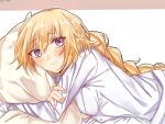  1girl bangs bed_sheet blonde_hair blue_eyes blush braid braided_ponytail closed_mouth crossed_arms dress_shirt eyebrows_visible_through_hair fate/apocrypha fate_(series) hair_between_eyes jeanne_d&#039;arc_(fate) jeanne_d&#039;arc_(fate)_(all) long_hair long_sleeves looking_at_viewer lying on_side pillow pillow_hug ponytail shiny shiny_hair shirt simple_background smile solo under_covers upper_body very_long_hair white_background white_shirt yukari_(bryleluansing) 