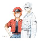  1boy 1girl ae-3803 beret blue_pants blush breast_pocket closed_mouth collared_jacket dated denim gloves hand_on_hip hat hataraku_saibou holster holstered_weapon horikou jacket jeans knife looking_at_viewer orange_hair pale_skin pants pocket red_blood_cell_(hataraku_saibou) red_headwear red_jacket short_hair signature simple_background sleeves_rolled_up smile u-1146 white_background white_blood_cell_(hataraku_saibou) white_gloves white_hair white_headwear white_jacket white_pants yellow_eyes 