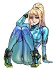  1girl absurdres ankle_boots blue_bodysuit blue_eyes blue_lipstick blush bodysuit boots breasts fallen_down full_body high_heel_boots high_heels highres knees_together_feet_apart lipstick long_hair makeup maniacpaint medium_breasts metroid no_mole pigeon-toed ponytail samus_aran skin_tight smile solo super_smash_bros. wristband zero_suit 
