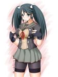  1girl akimoto_dai artist_name bike_shorts black_gloves black_hair black_jacket breasts commentary_request cosplay cowboy_shot dated gloves green_eyes grey_sailor_collar grey_skirt highres isuzu_(kantai_collection) jacket kantai_collection kinu_(kantai_collection) kinu_(kantai_collection)_(cosplay) large_breasts long_hair neck_ribbon partly_fingerless_gloves pleated_skirt red_ribbon remodel_(kantai_collection) ribbon sailor_collar school_uniform serafuku short_sleeves shorts shorts_under_skirt skirt solo standing sweat twintails 