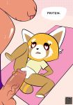  &lt;3 &lt;3_eyes 2020 aggressive_retsuko ailurid anthro balls blush bodily_fluids bottomless clitoris clothed clothing dialogue duo erection female genitals hi_res humanoid_genitalia humanoid_penis it&#039;ll_never_fit joshin larger_male lying male male/female mammal on_back one_leg_up penetration penile penile_penetration penis pussy raised_leg red_panda retsuko sanrio sex shallow_penetration shirt size_difference smaller_female sweat t-shirt tan_clothing tan_topwear text topwear vaginal vaginal_penetration vein veiny_penis yoga_instructor_(aggretsuko) 