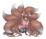  1girl :d absurdly_long_hair absurdres animal_ear_fluff animal_ears areolae bangs borrowed_character bottomless breasts brown_hair commentary commission dekka english_commentary eyebrows_visible_through_hair fang fluffy fox_ears fox_girl fox_tail full_body green_eyes hair_between_eyes highres jacket kneeling large_breasts large_tail leaning_forward long_hair long_sleeves looking_at_viewer maebari multiple_tails navel necktie open_clothes open_mouth open_shirt original pasties paw_pose pink_jacket plushmallow red_neckwear shirt simple_background skin_fang sleeves_past_wrists smile solo striped striped_legwear tail thighhighs twintails very_long_hair white_background white_shirt 