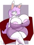  2020 absurd_res anthro areola breasts cleavage clothed clothing dress eyebrow_through_hair eyebrows female hair hi_res kingretrokirby lagomorph leporid mammal monotone_clothing monotone_dress monotone_hair nipple_slip rabbit sitting solo tongue translucent translucent_hair white_body white_ears white_face 