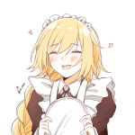 1girl :d alternate_costume bangs black_ribbon black_shirt blonde_hair blush braid braided_ponytail closed_eyes enmaided eyebrows_visible_through_hair fate/apocrypha fate_(series) hair_between_eyes heart holding holding_plate jeanne_d&#039;arc_(fate) jeanne_d&#039;arc_(fate)_(all) long_hair long_sleeves maid maid_headdress neck_ribbon open_mouth plate ponytail ribbon shirt simple_background sketch smile solo twitter_username upper_body very_long_hair white_background wing_collar yukari_(bryleluansing) 