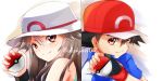  ashujou bangs black_gloves blue_(pokemon) blue_jacket brown_eyes brown_hair closed_mouth gloves hair_between_eyes hat holding holding_poke_ball jacket long_hair looking_at_viewer poke_ball pokemon pokemon_(anime) pokemon_(game) pokemon_frlg portrait red_headwear satoshi_(pokemon) shiny shiny_hair short_sleeves single_glove sleeveless smile split_screen white_headwear 