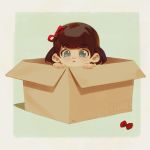  1girl alkemanubis bangs blue_eyes bow bow_removed box brown_hair cardboard_box eyebrows_visible_through_hair hair_bow highres in_box in_container looking_at_viewer original red_bow short_hair solo swept_bangs two-tone_background 