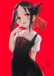  1girl bangs black_dress black_hair commentary_request dress folded_ponytail hair_ribbon kaguya-sama_wa_kokurasetai_~tensai-tachi_no_renai_zunousen~ looking_at_viewer open_mouth parted_bangs red_background red_eyes red_ribbon ribbon school_uniform shinomiya_kaguya signature solo yumi_yumi 