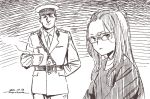  1boy 1girl bangs_pinned_back belt brown_theme closed_mouth dated furrowed_eyebrows glasses hat holding horikou kagamihara_sakura long_hair looking_at_viewer military military_jacket military_uniform monochrome parted_lips peaked_cap real_life shaded_face signature soldier soviet_union steam uniform yurucamp 