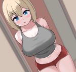  1girl absurdres arms_behind_back blonde_hair blue_eyes blush collarbone dutch_angle highres looking_at_viewer micro_shorts navel open_mouth original pelican_(s030) shorts solo tank_top 