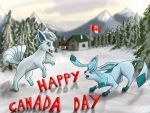  4:3 alolan_vulpix ambiguous_gender blue_body cabin canada_day canada_flag detailed_background duo eeveelution feral glaceon jumping looking_at_another mr_roo_(artist) nintendo open_mouth pok&eacute;mon pok&eacute;mon_(species) regional_form_(pok&eacute;mon) snow text tree video_games white_body winter 