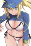  1girl ahoge artoria_pendragon_(all) baseball_cap bikini blonde_hair blue_eyes blue_headwear breasts cleavage commentary_request elfenlied22 fate_(series) hair_between_eyes hair_through_headwear hat highres jacket large_breasts leaning_forward long_hair looking_at_viewer mysterious_heroine_xx_(foreigner) navel ponytail shrug_(clothing) side-tie_bikini simple_background solo swimsuit white_background white_bikini 