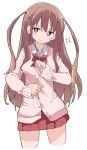  1girl atarashi_ako bow bowtie brown_hair cardigan closed_mouth eyebrows_visible_through_hair ixy long_hair pink_cardigan pleated_skirt red_eyes red_neckwear red_skirt saki saki_achiga-hen school_uniform simple_background skirt smile solo thighs white_background 