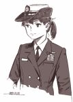  1girl brown_theme closed_mouth dated double-breasted hat horikou kaga_(kantai_collection) kantai_collection long_sleeves military military_hat military_jacket military_uniform monochrome one_side_up signature simple_background smile soldier solo soviet soviet_union uniform upper_body white_background 