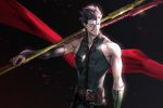  1boy banned_artist bare_shoulders belt black_hair blood blood_splatter chest closed_eyes cloth collarbone covered_abs diarmuid_ua_duibhne_(fate/grand_order) expressionless fate/grand_order fate/zero fate_(series) fingerless_gloves gae_buidhe gae_dearg gloves hair_between_eyes holding holding_weapon jewelry lancer_(fate/zero) light male_focus midori_fuu mole mole_under_eye necklace polearm revealing_clothes shiny shiny_hair simple_background solo spear tight upper_body weapon 