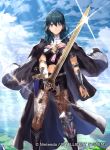  1girl armor asymmetrical_legwear black_cape black_shorts blue_eyes blue_hair blue_sky breasts byleth_(fire_emblem) byleth_(fire_emblem)_(female) cape cleavage closed_mouth cloud commentary_request company_name copyright_name dagger day eyebrows_behind_hair eyebrows_visible_through_hair fire_emblem fire_emblem:_three_houses fire_emblem_cipher glint hair_between_eyes holding holding_sword holding_weapon light_smile looking_at_viewer mayo_(becky2006) medium_breasts medium_hair navel navel_cutout official_art outdoors pantyhose sheath sheathed short_shorts shorts sidelocks sky solo standing sword sword_of_the_creator weapon 