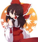  1girl ass bangs bow brown_eyes brown_hair detached_sleeves eyebrows_visible_through_hair from_behind hair_between_eyes hair_bow hair_tubes hakurei_reimu leaf leaf_background long_hair long_sleeves looking_at_viewer looking_back open_mouth red_bow red_skirt ribbon-trimmed_sleeves ribbon_trim rizento sidelocks skirt solo touhou wide_sleeves 