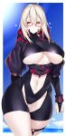  1girl ahoge artoria_pendragon_(all) artoria_pendragon_(lancer_alter) artoria_pendragon_(lancer_alter)_(cosplay) ass_visible_through_thighs bangs black_bodysuit black_jacket blonde_hair blue_sky blush bodysuit border breasts bridal_gauntlets center_opening cosplay cowboy_shot dark_persona eyelashes fate/grand_order fate_(series) glasses hair_between_eyes heart highres hood hooded_jacket jacket large_breasts long_hair long_sleeves looking_at_viewer mysterious_heroine_x_(alter) mysterious_heroine_xx_(foreigner) navel ocean open_mouth outside_border pale_skin ribbed_bodysuit shorts sidelocks signature sky thick_thighs thighs turtleneck underboob underbust watosu white_border yellow_eyes 
