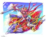  1girl adapted_costume bodysuit braid braided_ponytail commentary eyebrows_visible_through_hair flying formal gloves glowing glowing_eyes ground_vehicle highres holding holding_sword holding_weapon long_hair magic_knight_rayearth mecha motor_vehicle motorcycle oomasa_teikoku open_mouth rayearth_(character) red_eyes red_hair shidou_hikaru skin_tight solo suit sword v-shaped_eyebrows weapon yellow_eyes 