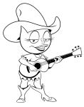 2014 adventures_of_sonic_the_hedgehog anthro boots catty_carlisle chadrocco clothing cowboy_boots cowboy_hat domestic_cat felid feline felis female footwear guitar hat headgear headwear lips looking_at_viewer mammal monochrome musical_instrument narrowed_eyes plucked_string_instrument simple_background smile solo sonic_the_hedgehog_(series) string_instrument white_background 