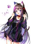  1girl :d animal_ear_fluff animal_ears bangs bell black_dress blush bow breasts brown_hair cat_ears cat_girl cat_tail commentary dress eyebrows_visible_through_hair facial_mark fang hair_bow hands_up heterochromia highres jingle_bell long_hair long_sleeves looking_at_viewer multicolored_hair one_side_up open_mouth original paw_pose pink_hair purple_eyes red_bow seero simple_background small_breasts smile solo star_(symbol) streaked_hair tail very_long_hair white_background wide_sleeves 