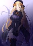  1girl abigail_williams_(fate/grand_order) alternate_breast_size bangs black_dress black_headwear black_panties blonde_hair blue_eyes bow breasts commentary_request dress evil_grin evil_smile eyebrows_visible_through_hair fate/grand_order fate_(series) forehead frill_trim frilled_sleeves frills grin hair_bow hat highres large_breasts long_hair long_sleeves multiple_bows multiple_hair_bows navel older orange_bow panties parted_bangs polka_dot polka_dot_bow sharp_teeth sleeves_past_wrists smile solo teeth tentacles underwear very_long_hair watosu white_bloomers white_hair white_skin witch_hat 
