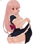  1girl 888senpai absurdres ass bangs bow breasts hand_on_own_cheek highres looking_back maid pantyhose pink_hair red_eyes skirt skirt_lift super_sonico 