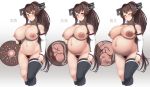  1girl baby bare_shoulders black_legwear blush breasts brown_eyes brown_hair closed_eyes collarbone commission dark_nipples detached_sleeves headgear heart high_ponytail highres huge_breasts impregnation jewelry kantai_collection long_hair navel nipples nude parted_lips pregnant progression pubic_hair ring ryuun_(stiil) sidelocks single_thighhigh skindentation smile thighhighs very_long_hair wedding_band x-ray yamato_(kantai_collection) 