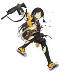  1girl arm_tattoo assault_rifle bangs black_bra black_hair black_legwear bra breasts brown_eyes camouflage clenched_teeth damaged ear_piercing earrings full_body girls_frontline gloves gun holding holding_gun holding_weapon insas insas_(girls_frontline) jacket jewelry kieed long_hair looking_away name_tag navel official_art parted_bangs piercing rifle shoes shorts solo stomach strap tattoo teeth torn_clothes torn_jacket torn_legwear torn_shorts torn_sleeves transparent_background two-tone underwear weapon yellow_footwear yellow_jacket 