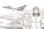  1boy 1girl aircraft airplane brown_theme character_request closed_eyes closed_mouth dated facing_viewer fighter_jet helmet horikou jet looking_at_viewer military military_uniform military_vehicle monochrome pilot_helmet real_life signature smile soldier soviet soviet_army soviet_union uniform v yurucamp 