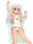  1girl akimoto_dai artist_name bangs bikini blunt_bangs breasts cameltoe collarbone commentary_request cowboy_shot dated green_eyes groin hair_ribbon highres kantai_collection long_hair looking_at_viewer maestrale_(kantai_collection) navel one-piece_tan one_side_up ribbon silver_hair small_breasts solo standing swimsuit tan tanline white_background white_bikini 