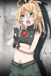 1girl ahoge bare_shoulders blonde_hair blue_eyes blush breasts eyebrows_visible_through_hair fingerless_gloves gloves green_gloves hal_(goshujinomocha) highres jewelry midriff navel necklace open_mouth shadow shiny shiny_hair small_breasts solo tank_top tanya_degurechaff wall youjo_senki 