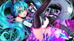  1girl blue_eyes blue_hair cat_ear_headphones elbow_gloves fetal_position floating_hair gloves hair_between_eyes hatsune_miku headphones highres holding holding_microphone huu-cross looking_at_viewer microphone open_mouth screen thighhighs thighs vocaloid white_gloves 