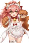  1girl animal_ear_fluff animal_ears apron bell bell_collar blush breasts cat_hair_ornament cat_paws cleavage collar eyebrows_visible_through_hair fangs fate/grand_order fate_(series) fox_ears fox_girl fox_tail frilled_apron frills gloves hair_ornament hair_ribbon highres jingle_bell large_breasts long_hair naked_apron nearly_naked_apron open_mouth paw_gloves paws pink_hair ponytail red_ribbon ribbon simple_background solo tail tamamo_(fate)_(all) tamamo_cat_(fate) white_apron white_background yahan_(mctr5253) yellow_eyes 