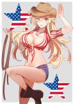  1girl american_flag american_flag_print blonde_hair blue_eyes blue_shorts boots breasts brown_footwear collarbone cowboy_boots cowboy_hat denim denim_shorts eyebrows_visible_through_hair flag_print front-tie_top hair_between_eyes hat iowa_(kantai_collection) jewelry kantai_collection kasumi_(skchkko) large_breasts long_hair navel necklace rope shorts smile solo star-shaped_pupils star_(symbol) symbol-shaped_pupils 