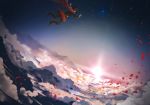  1girl anonamos arms_up black_footwear black_hair cape cloud falling full_body highres long_sleeves midair petals red_cape rose_petals ruby_rose rwby short_hair sky solo star_(sky) sun sunlight sunset 