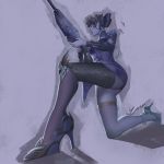  1girl anklet ass black_nails brown_eyes butt_crack from_below gun high_heels highres holding holding_gun holding_weapon jewelry looking_down one_knee overwatch purple_skin rifle sniper_rifle solo tied_hair weapon widowmaker_(overwatch) zoner 